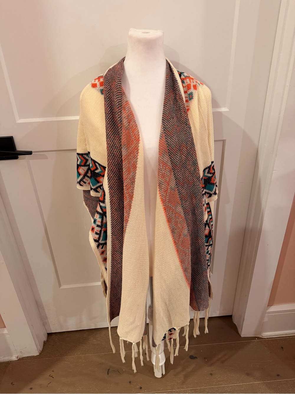 Cream Aztec-Pattern Open Front Fringe Cardigan
